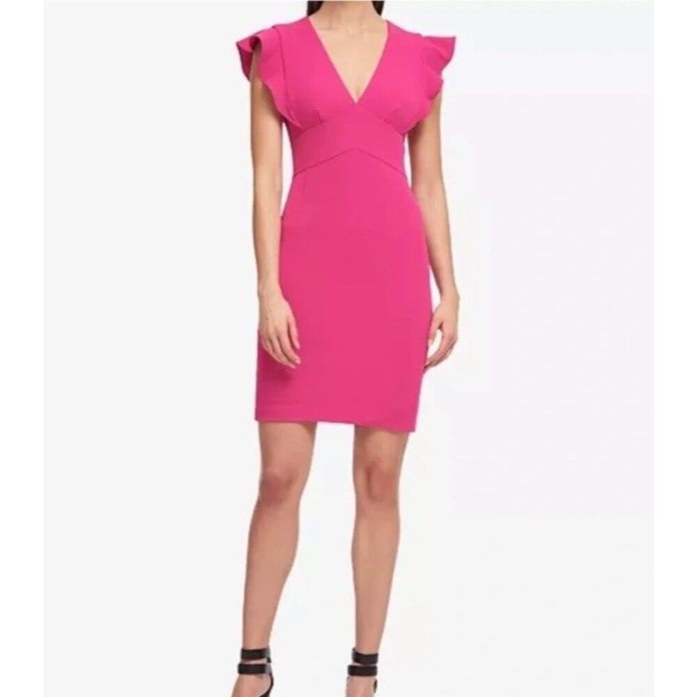 DKNY Sheath Dress 8 Fuschia Pink Cocktail Career Flutter Sleeve V-neck Knit